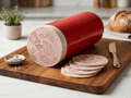 A large Ham Sausage log with sliced rounds arranged on a wooden cutting board