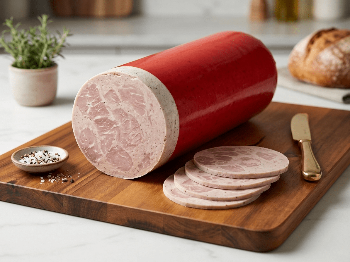 A large Ham Sausage log with sliced rounds arranged on a wooden cutting board