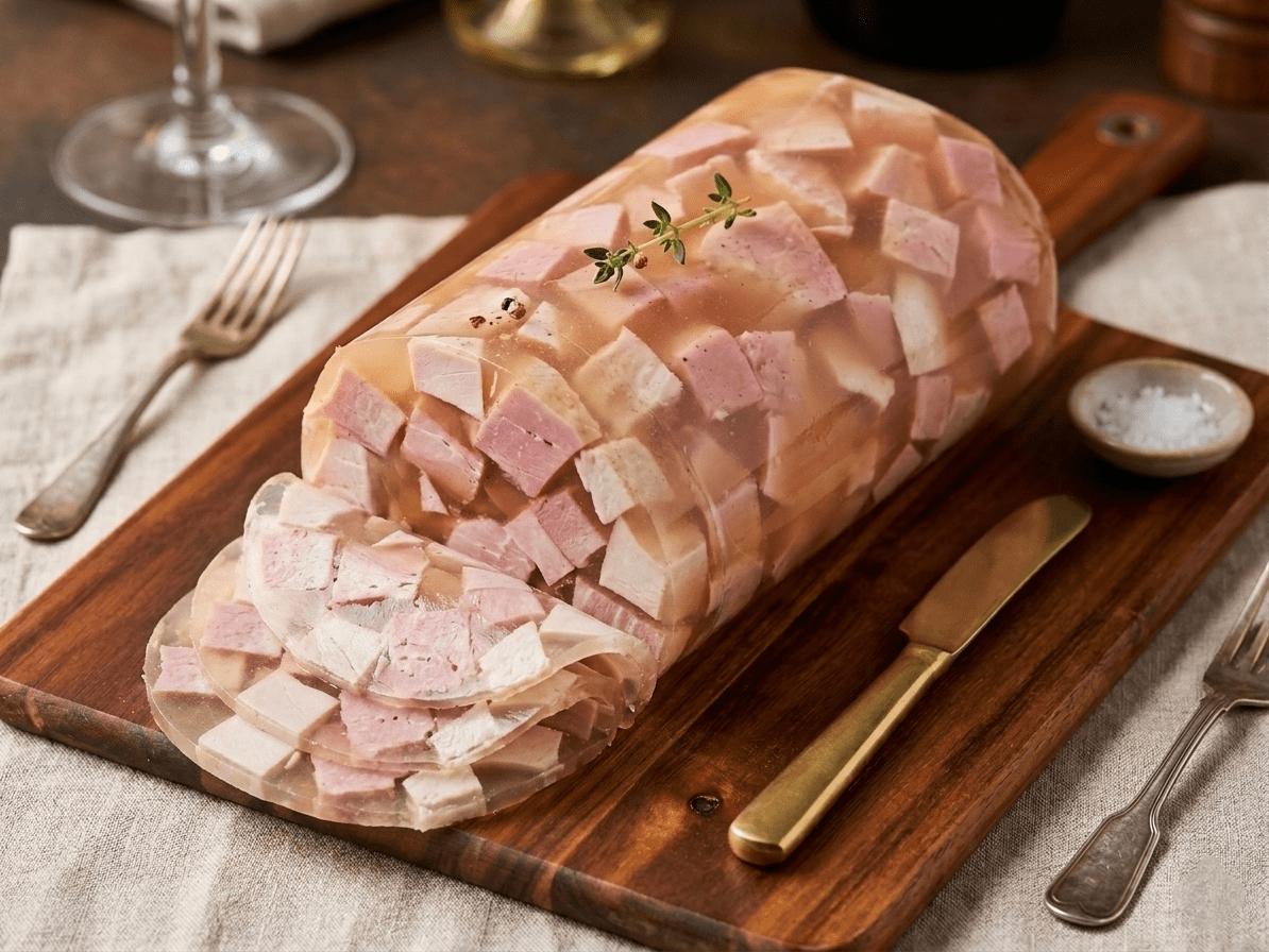 A large log of Headcheese displayed on a wooden serving board