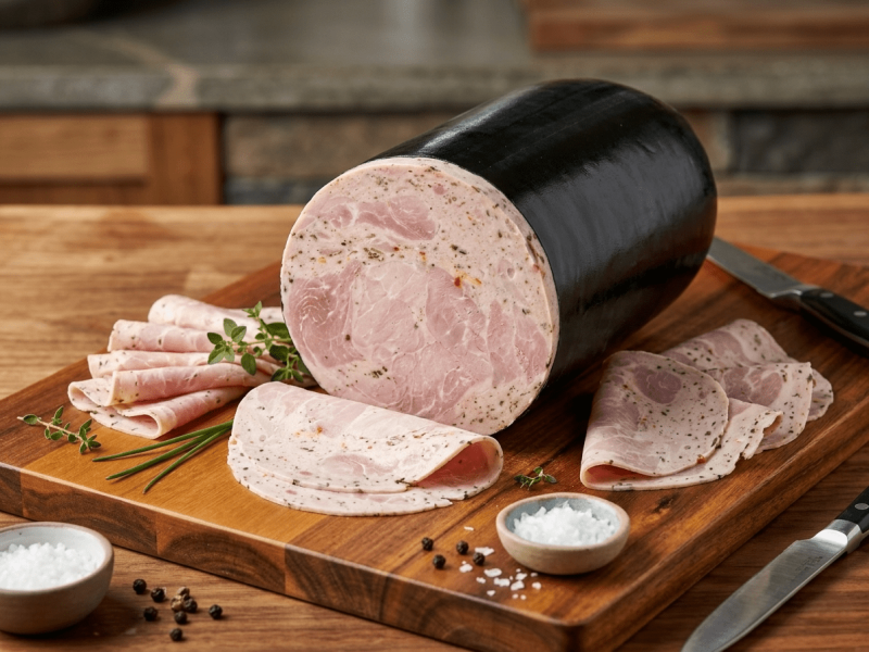 A large cut of Herbed Ham Sausage on a wooden cutting board