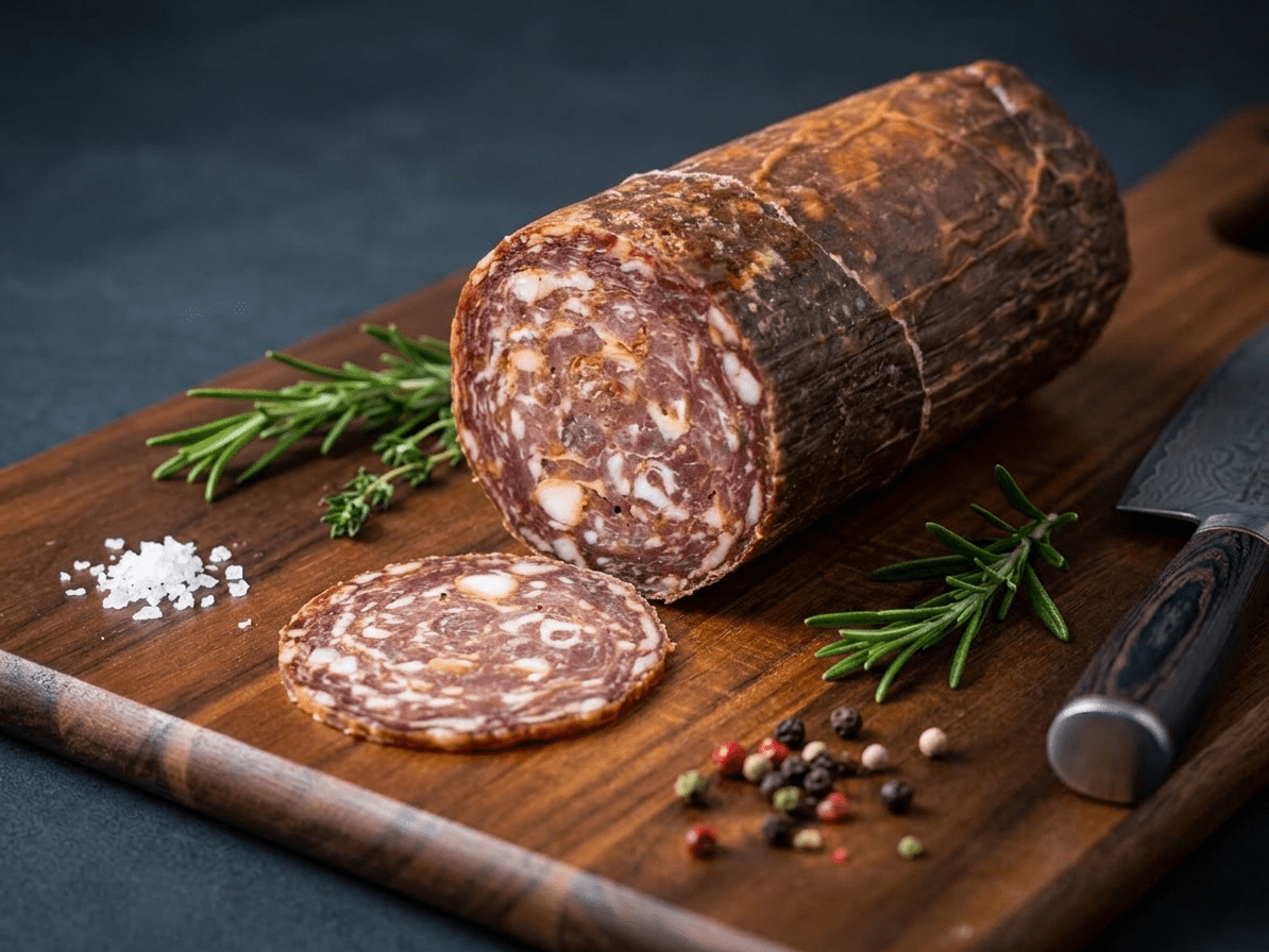 A sliced log of Hot Genoa Wine Salami on a wooden cutting board
