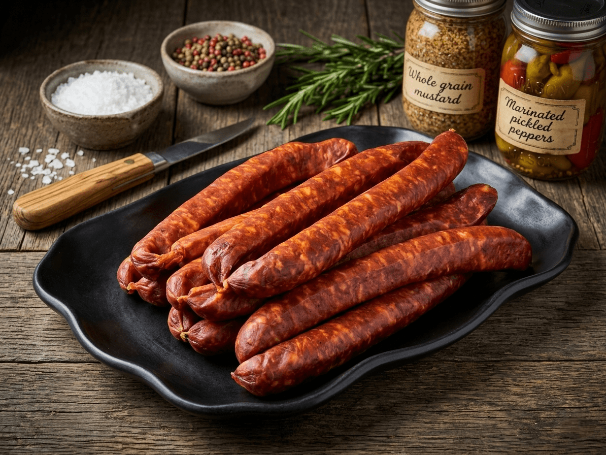 Several Hot Hungarian Farmer Sausage (1 Pair) arranged on a black serving platter