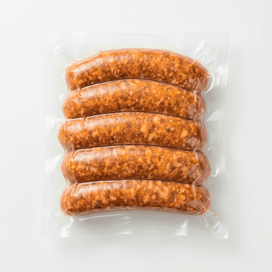 Five Hot Italian Pork Sausage (Raw / Frozen) in a clear plastic vacuum-sealed package