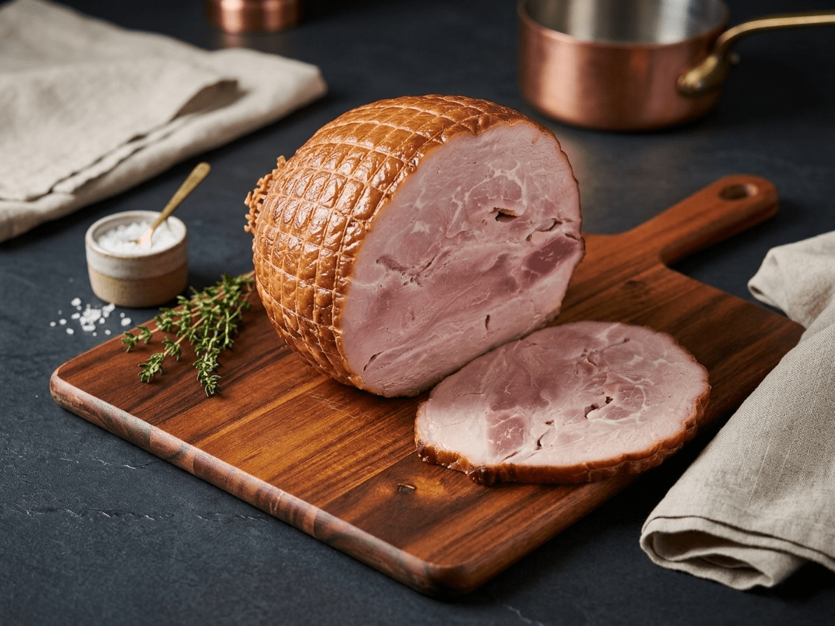A sliced House/Polish Ham with a golden-brown scored exterior sits on a wooden cutting board