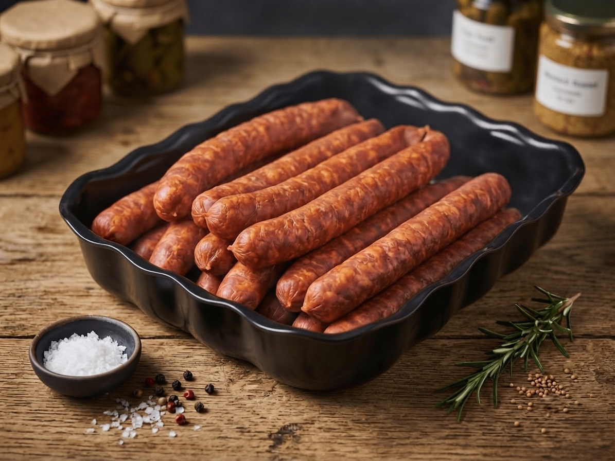 Hungarian Farmer Sausage (1 Pair) arranged in a black scalloped rectangular dish
