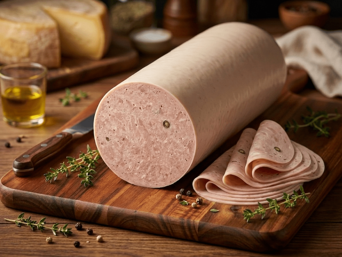 A large log of Hunter Sausage displayed on a wooden cutting board