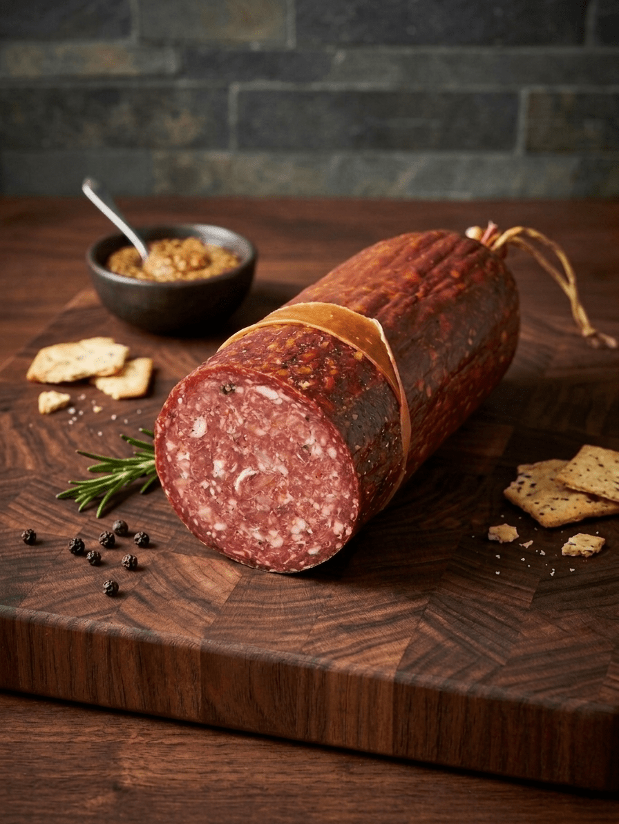 A sliced log of Italian Wine Salami, displayed on a dark wooden cutting board