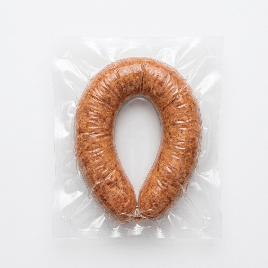 A Kolbassa ring (Frozen) vacuum-sealed in a clear plastic bag