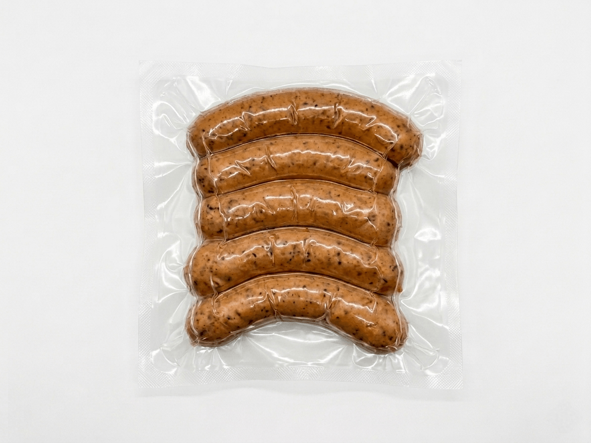 Five Krainer Sausage packed in a clear plastic vacuum bag