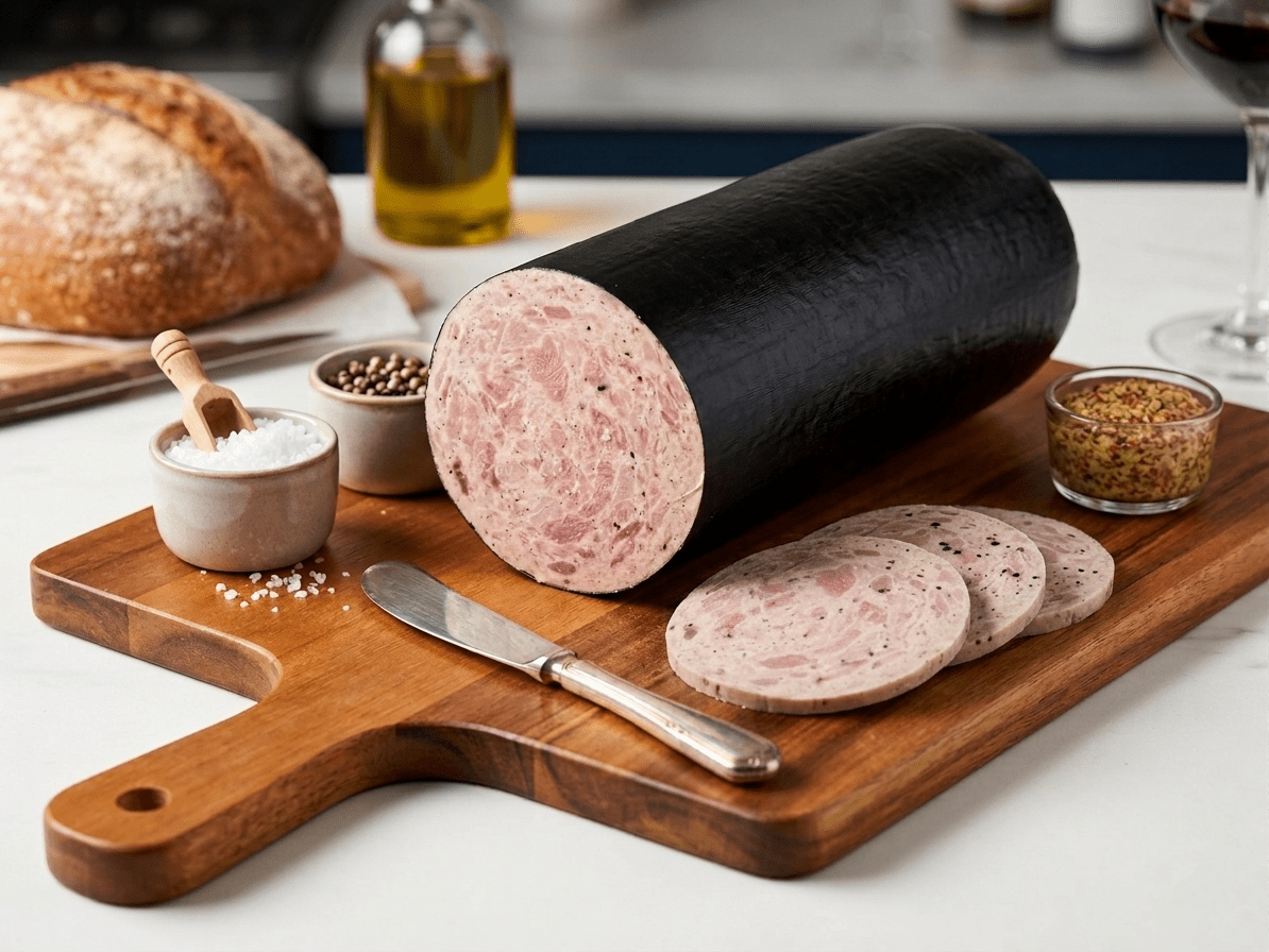 A sliced Krakowska Schinkenwurst log and several round slices displayed on a wooden cutting board