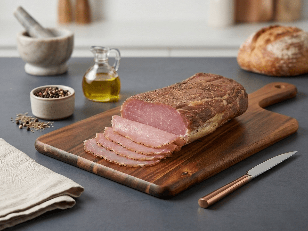 A sliced Lachsshinken on a wooden cutting board