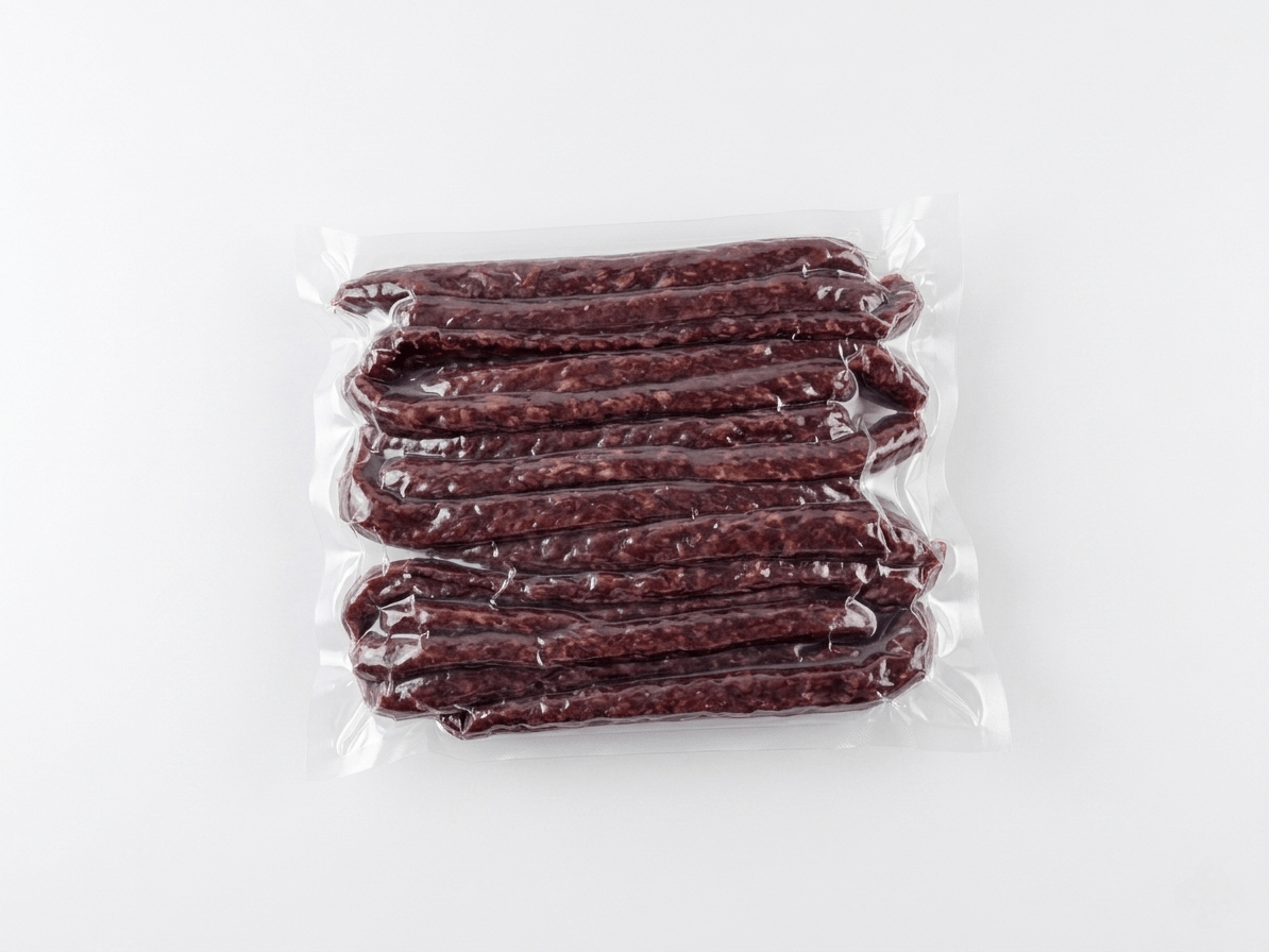 A vacuum-sealed package containing Landjäeger Sausage