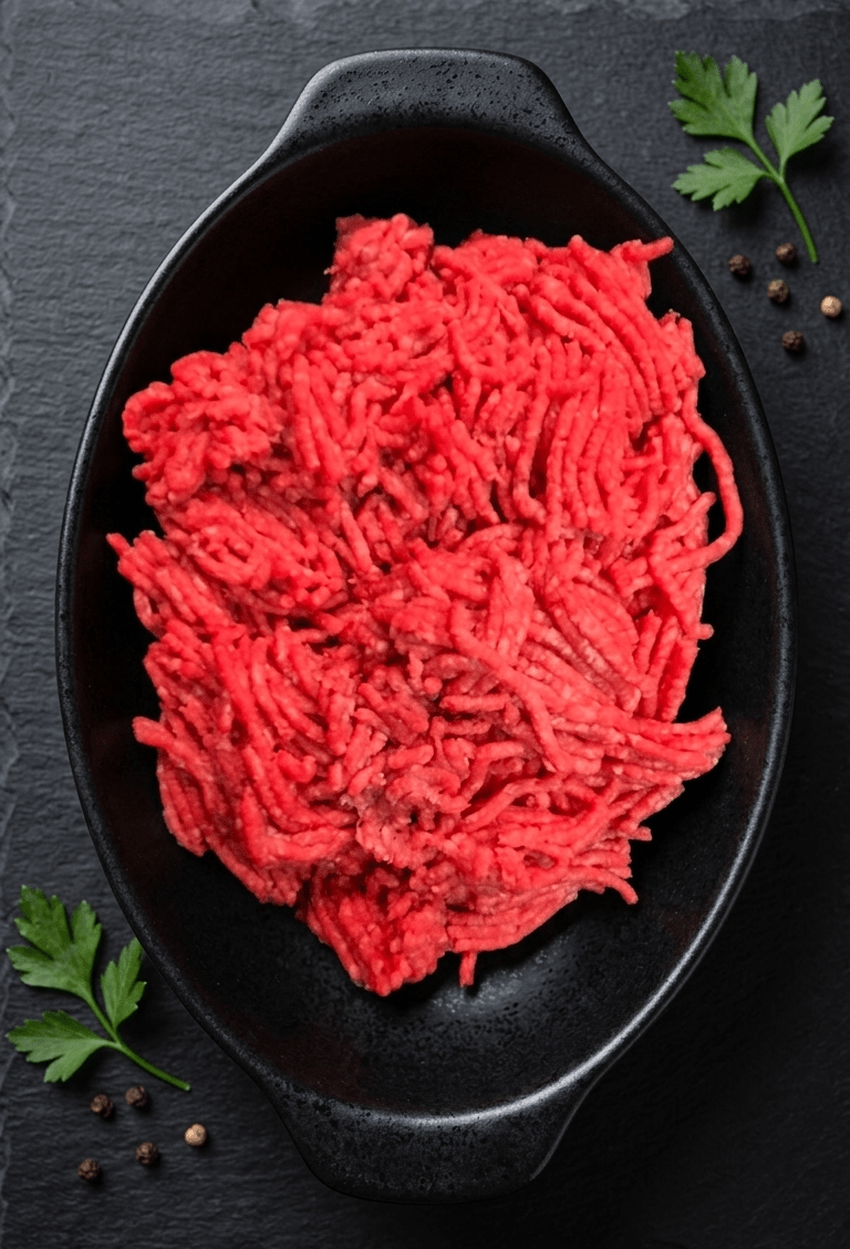 Lean Ground Beef piled in a black oval serving dish