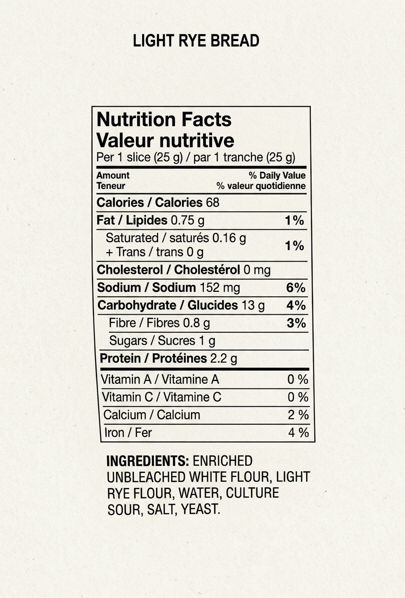 A nutrition facts label for Light Rye Bread