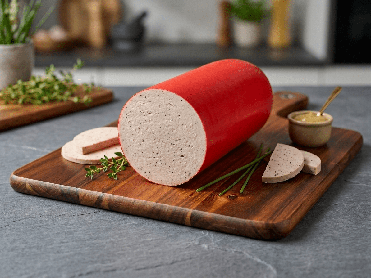 A red-cased Lyoner Sausage on a wooden cutting board