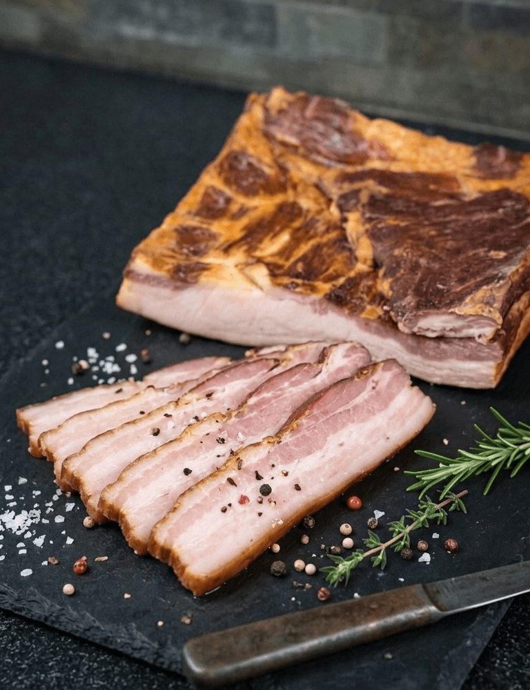 Sliced Maple Breakfast Bacon with a large piece of uncut bacon on a dark slate serving board