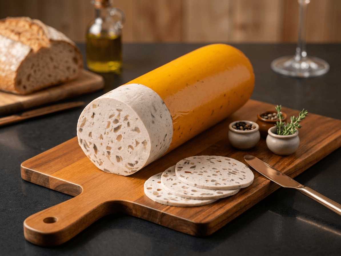 A sliced loaf of Mushroom Lyoner displayed on a wooden cutting board