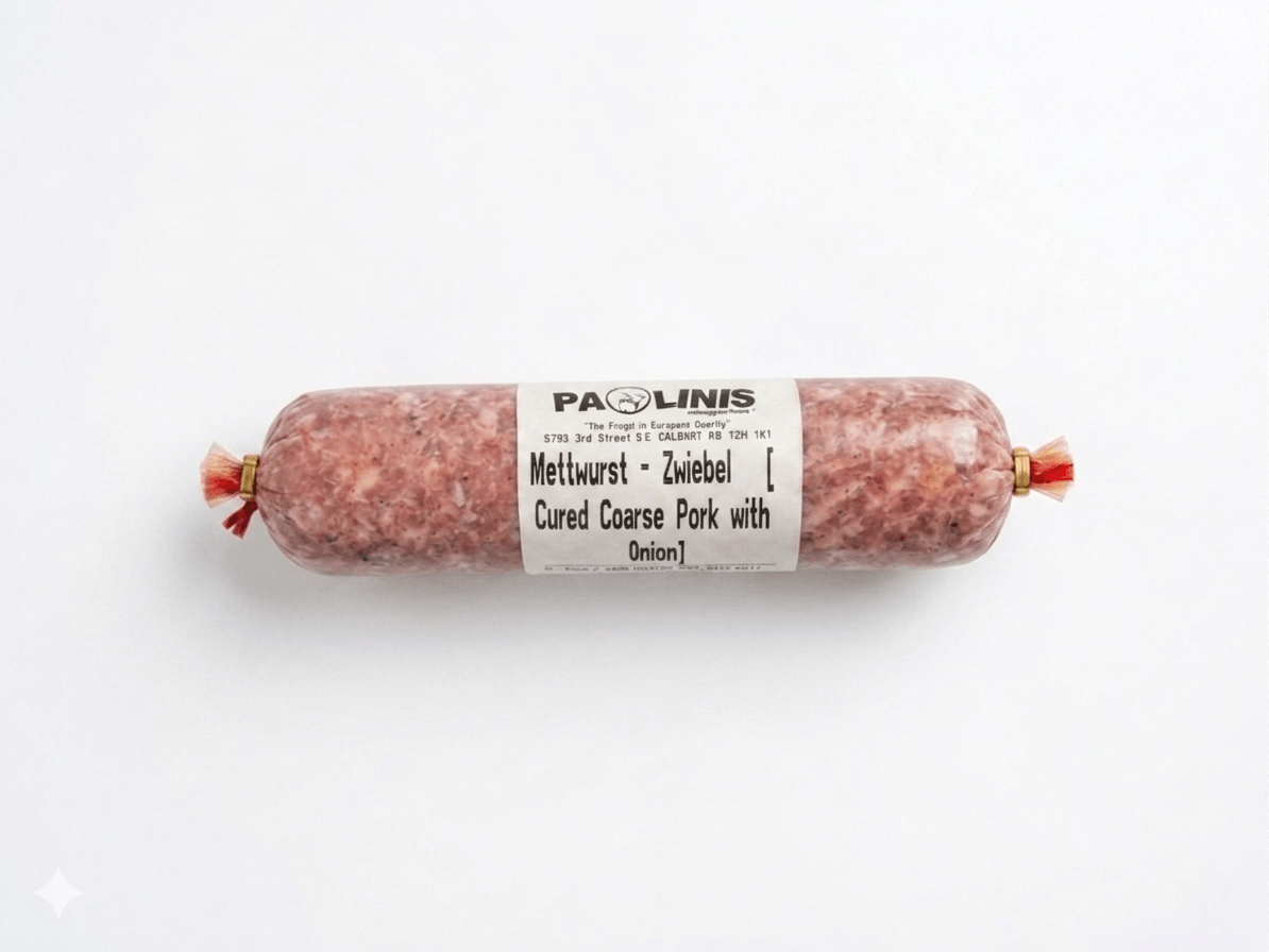 A single Onion Mettwurst log wrapped in clear plastic with a white paper label reading 'PAOLINIS Mettwurst - Zwiebel [Cured Coarse Pork with Onion]'