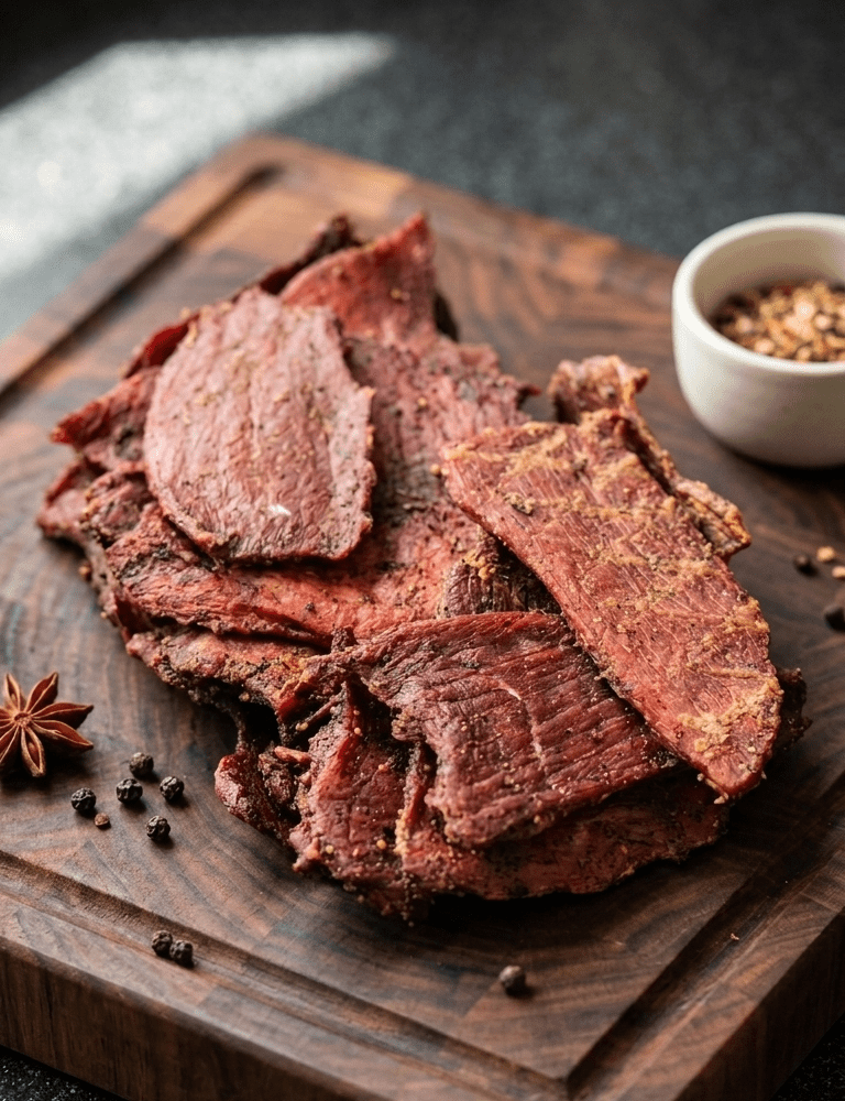 Slices of Original Beef Jerky arranged on a dark wooden cutting board