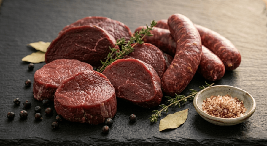Raw beef round steak slices and sausages arranged on a dark slate platter