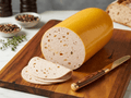 A sliced loaf of Paprika Lyoner on a wooden cutting board
