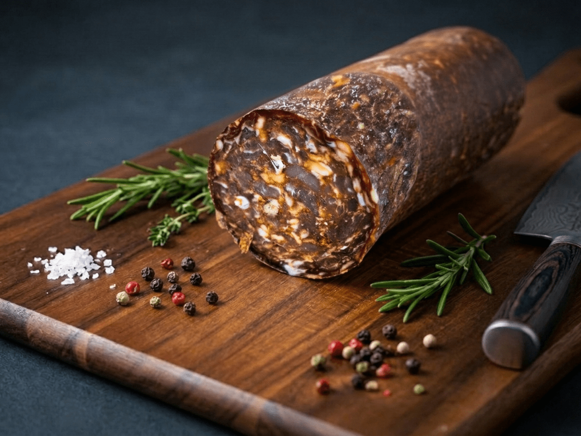 A cut of Paprika Salami resting on a wooden cutting board