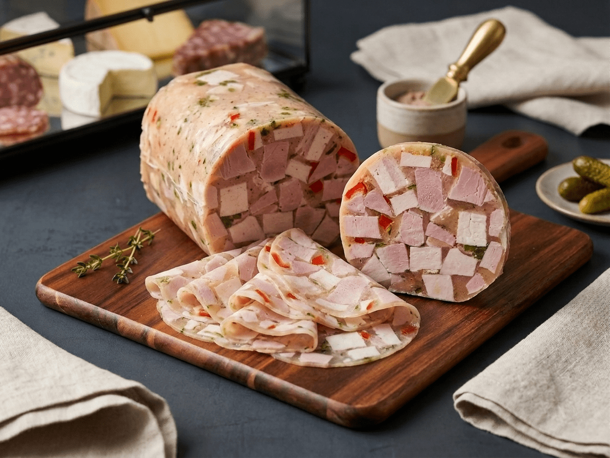 A sliced Pimento Headcheese loaf and round slice displayed on a wooden cutting board