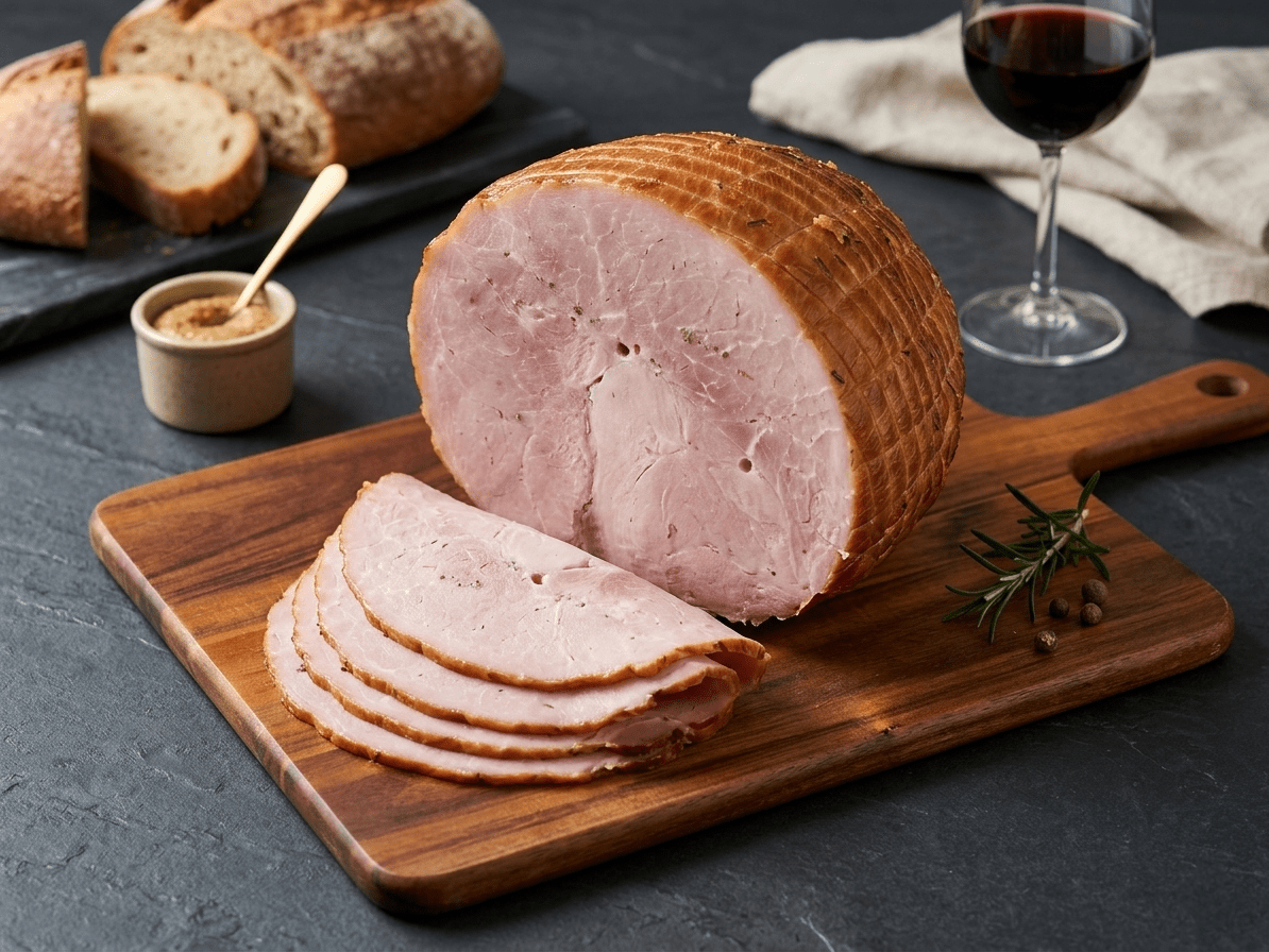 A sliced Rosemary Ham on a wooden cutting board
