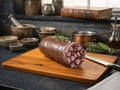 A sliced log of Smoked Thueringer Blood on a wooden cutting board