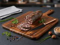 A sliced log of Speckwurst on a dark wooden cutting board