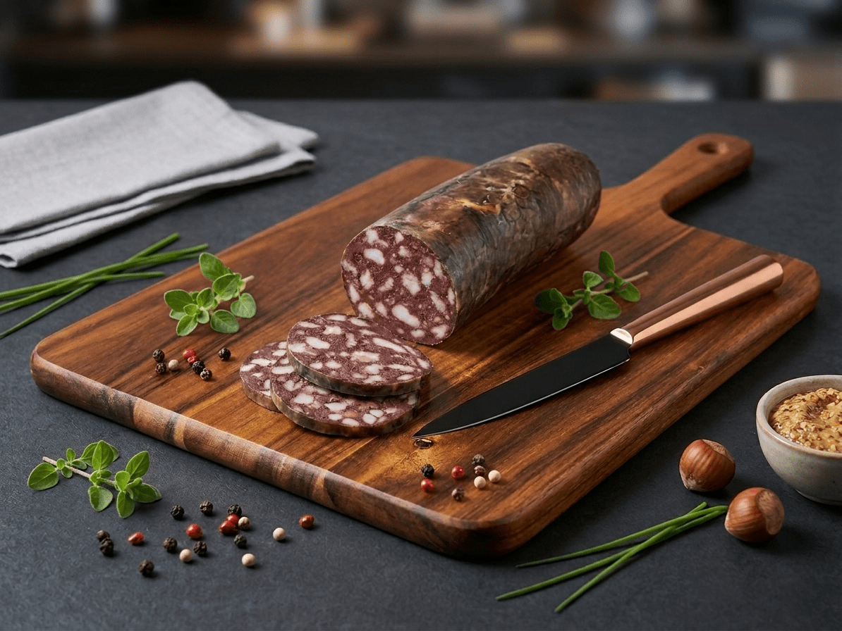 A sliced log of Speckwurst on a dark wooden cutting board