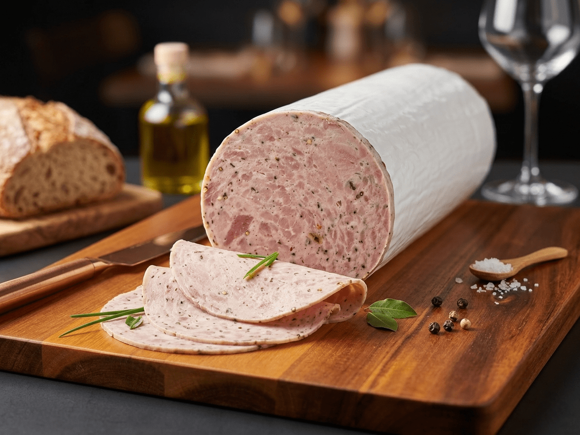 A large cut of Spiced Hunter Sausage on a wooden cutting board, with several slices cut