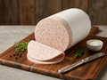 A sliced loaf of Stuttgarter Schinkenwurst resting on a wooden cutting board