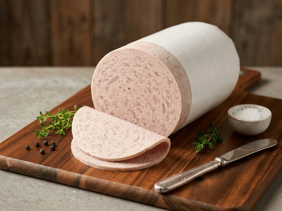 A sliced loaf of Stuttgarter Schinkenwurst resting on a wooden cutting board