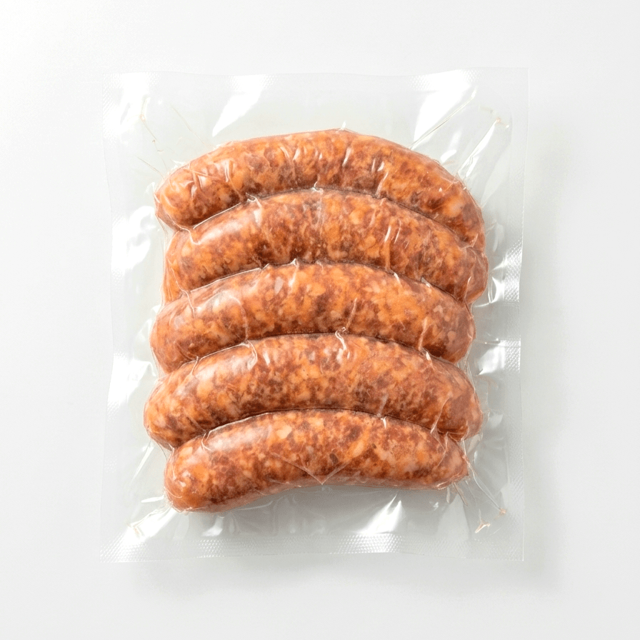Five Sweet Italian Pork Sausage (Raw / Frozen) in a clear plastic vacuum-sealed bag