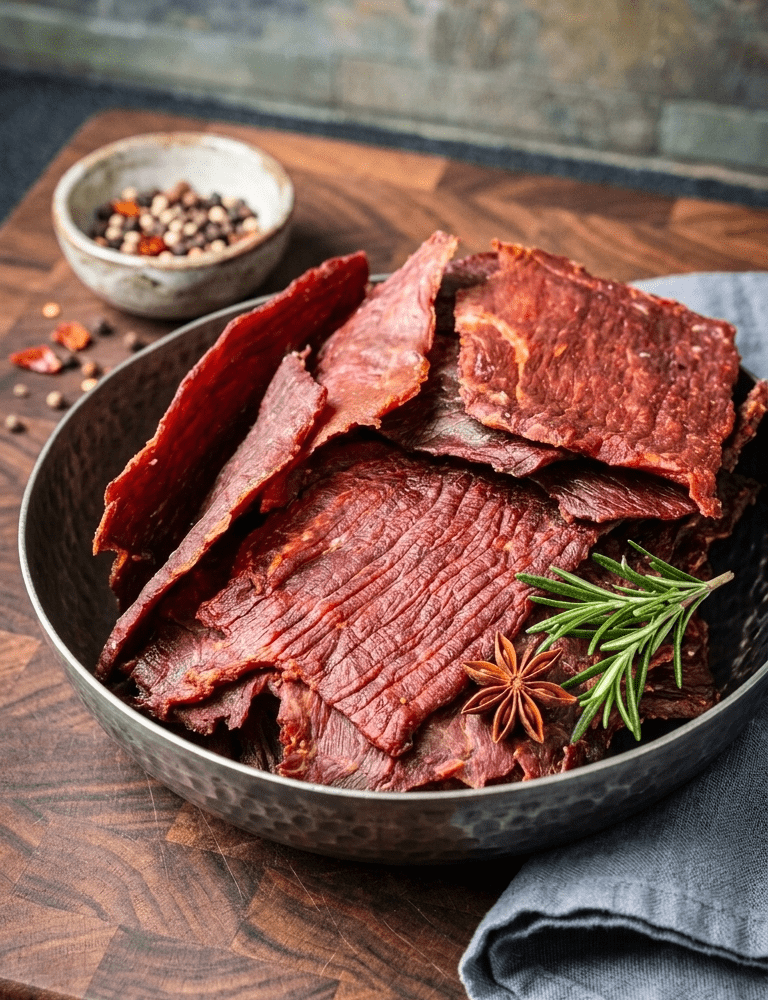 Slices of Teriyaki Beef Jerky arranged in a dark metal bowl