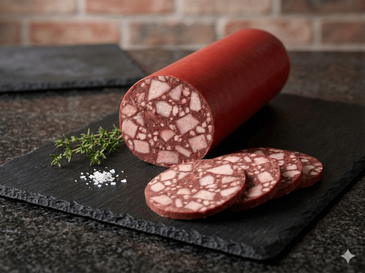 A Thueringer Blood Cold Cut log resting on a dark slate board, with several round slices placed in front