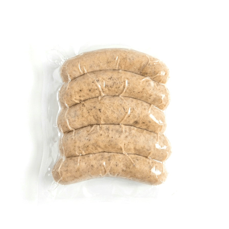 Five Thueringer Bratwurst Sausage (Cooked / Frozen) links in a clear plastic vacuum-sealed bag