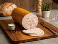 A sliced Turkey Cold Cut log and several round slices on a wooden cutting board