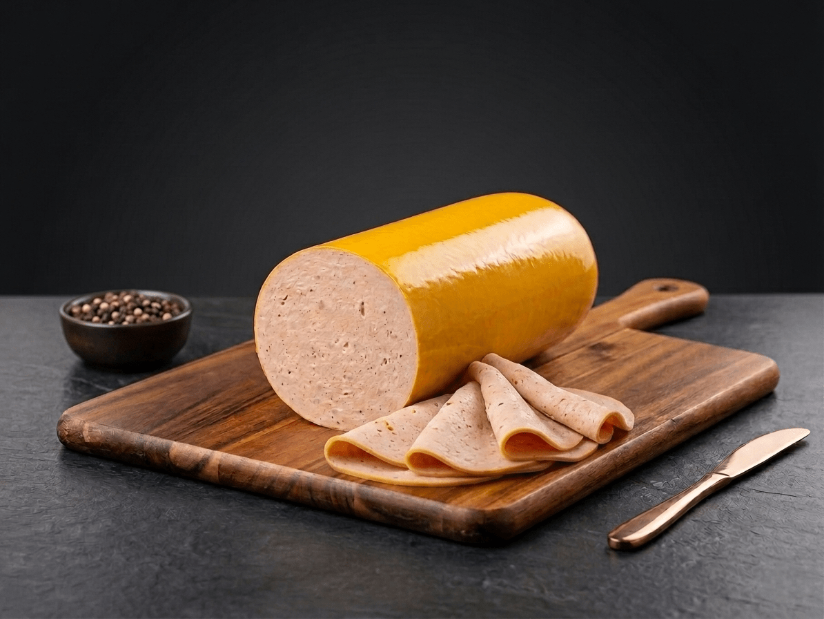 A sliced Turkey Lyoner log