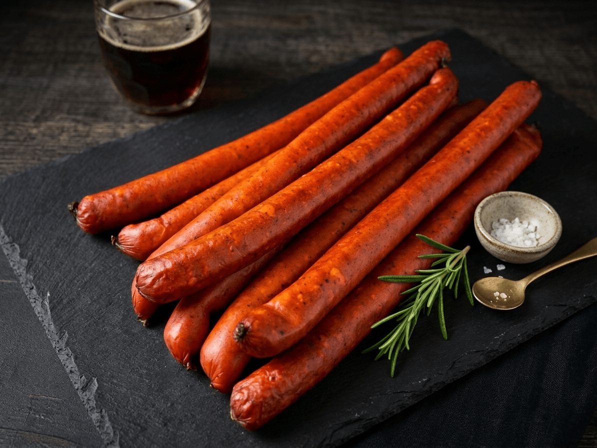 Several Turkey Sticks arranged on a dark slate serving board