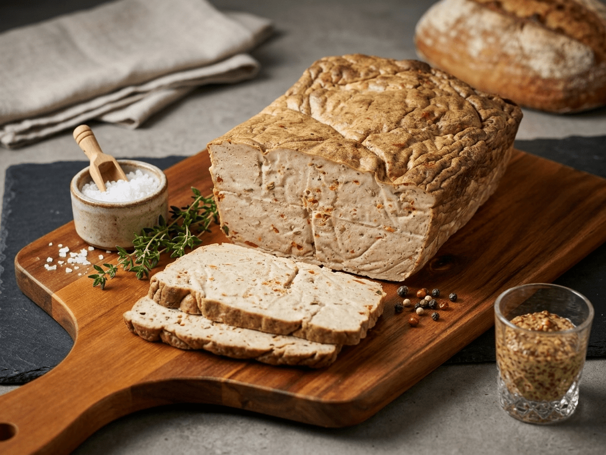 A loaf and two slices of Tuscan Meatloaf on a wooden cutting board