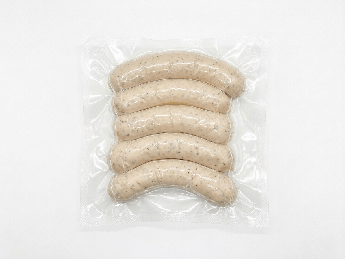 Five Weisswurst inside a clear plastic vacuum-sealed bag