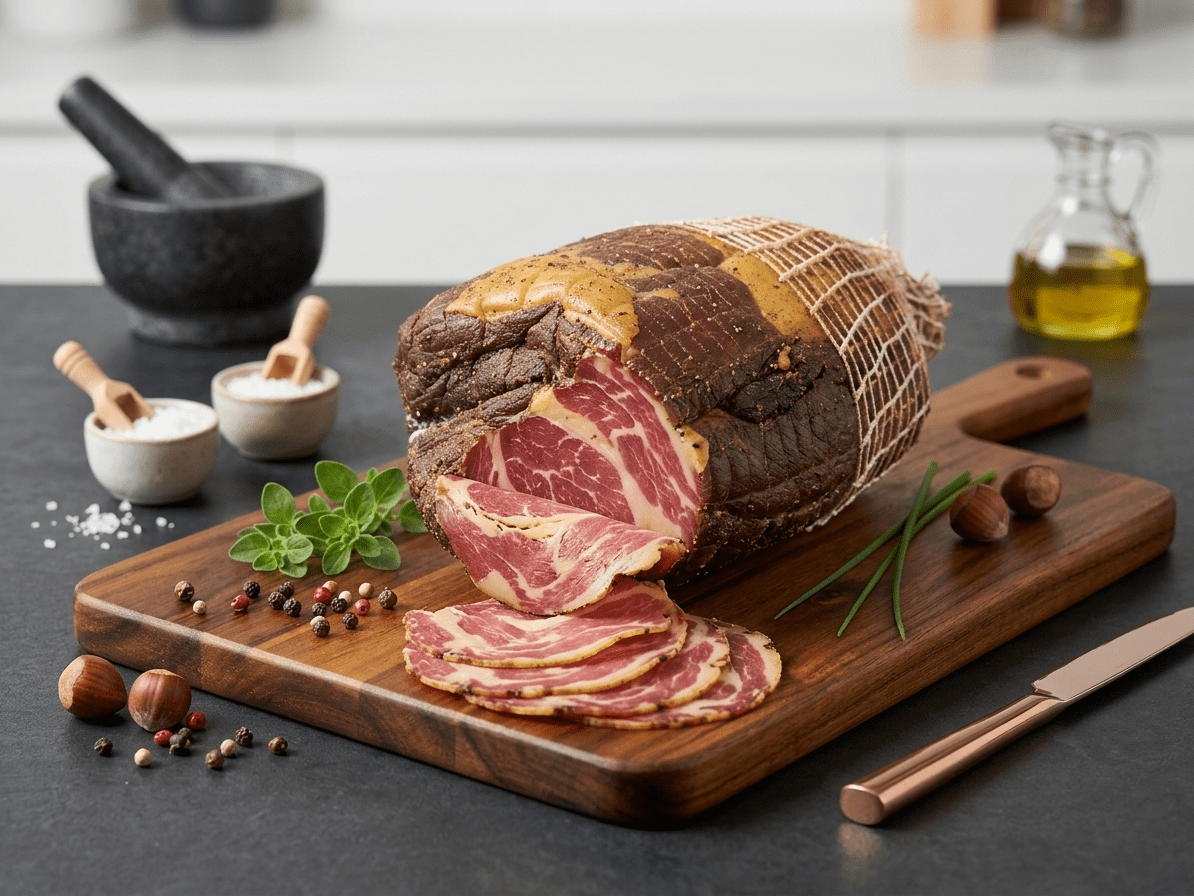 A sliced Westfalian Ham on a wooden cutting board