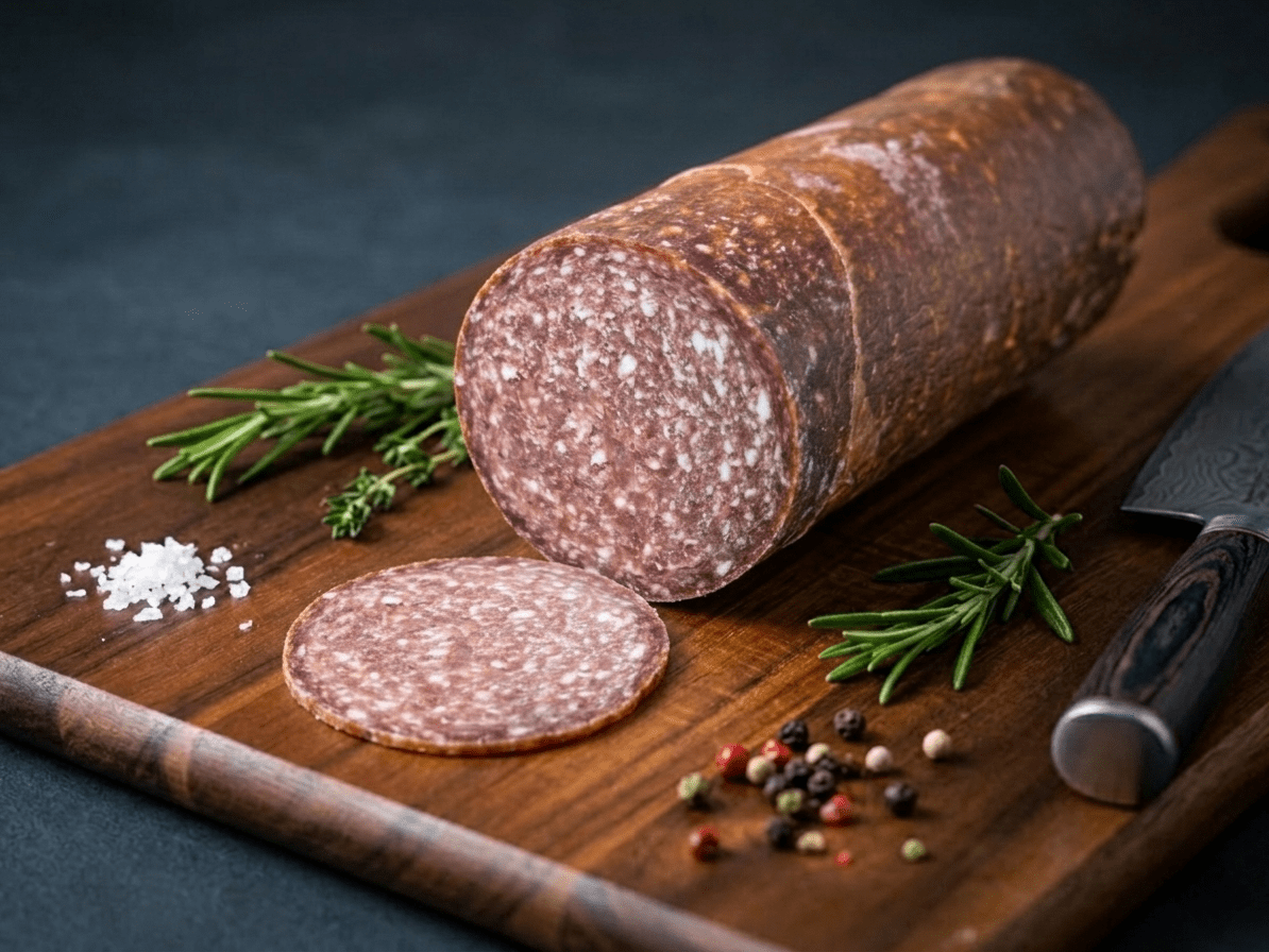 A sliced log of Westfalian Salami resting on a wooden cutting board, with a round slice placed in front